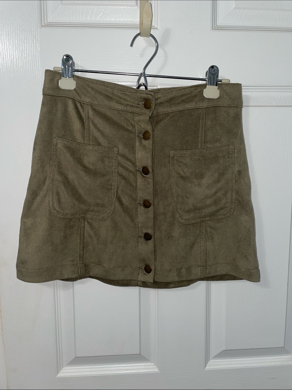 Altar'd State Olive Suede-Look Button Mini Skirt